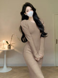 Zingj New Autumn And Winter Style High-Necked Bubble Sleeve Knitted Dress With Buttocks Temperament And A Medium-Length Dress With Forked