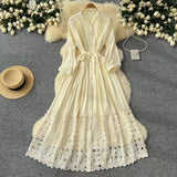 Retro Hollow Hook Lace Splicing Bow Strap With Waist Single Buckle Over Knee Dress New Autumn