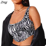 Women's Summer Streetwear Crop Top Sleeveless Square Neck Central Single-Row Clasp Animal Print Tank