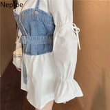 Korean Chic Suit Women 2 Piece Long Blouses Sets Puff Sleeve Turn-down Collar Tops Sashes Slim Cowboy Vest Two Piece