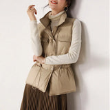 Korean Version Of Down Vest Female Wear A Waist Stand Collar Coat 2024 White Duck Velvet Drawn Rope Pocket Horse Clip Vest Vest-Outfit