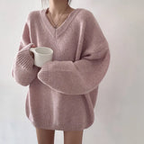 Solid Color V-Neck Oversized SweaterOutfit