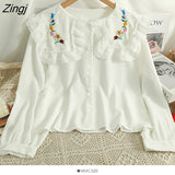 Flower Embroidery Shirt Women Korean Lace Splicing Peter Pan Collar White Blouses Sweet Office Long Sleeve Female