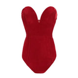 Burgundy Strapless Velvet Sexy Bodysuit Women Sweetheart Bodycon Backless Lace Up Body V Neck Party Club