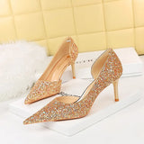 Zingj Sexy Nightclub Show Thin Department With High Heel Shallow Pointed Side Hollow Shining Sequined Single