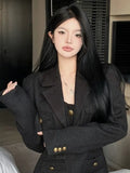 2023 Autumn Turn Down Collar Short Blazer Coat Sleeveless Slim Strapless Sexy Playsuits Belt Two Piece Set Women Solid