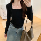 Square-Necked T-Shirt Long-Sleeved Bottomed Shirt With Velvet Super-Revealing Figure And Spicy Girl-Style Tight