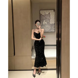 Zingj New Light Luxury French Condole Dress Female Autumn Velvet Fishtail Temperament Black Sequined Evening Dress