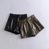 Spring Style Pleated Leather Solid Color Fashion Trendy Shorts