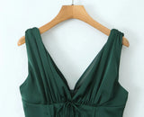 Green Stain Pleated V-neck Mini Dress- Outfit