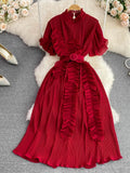 Women Pleated Midi Dress Purple/Red/White Stand Collar Short Flare Sleeve High Waist A-Line Ruffle Party Vestidos