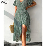 Short Sleeve V-neck Midi Dress For Women Green Ditsy Sexy Wrap Tie A-line Holiday Beach Dress 2023 Summer Female