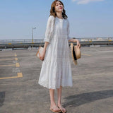 French Romantic White Dress Lace Hollow Gentle Loose Mid-Length Korean Dress All-match Women's cool