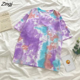 Women Short Sleeve Tie-dye Colorful O-neck Couple Bf Loose Popular Korean Style Harajuku Students Streetwear Tops
