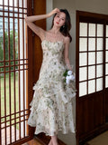 Floral Chiffon Midi-dresses Women Sleeveless Spaghetti Strap Backless Ruffle Dress Elegant Casual Party Ladies