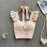 Zingj Summer Floral Strap Tops Women Square Neck Bow Ruffles Short Camisole Fashion Korean Flower Ladies Elastic Waist Top 211-0-Outfit