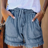 Tighten The Waist Tassel Denim Shorts Woman-Outfit
