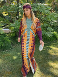Ethnic Style V Neck Slit Maxi Dresses Women Patchwork Dot Printed Long Sleeve Loose Dress 2024 Chic Summer Street