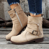 Zingj Independent Station Autumn And Winter New Round Head Side Zipper Low Heel Large Size Short Boots Flat-Soled Belt Buckle Suede Martin