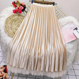 Both Sides Wear Pearls Mesh Skirt Women 2025 Summer Velvet High Waist Long Skirts Woman Solid Color A Line Pleated Skirts 211-0-Outfit