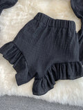 Two Piece Set Women 2024 Summer New High Street Fashion Sexy French Outfits Navel Blouses + Solid Wild Ruffles