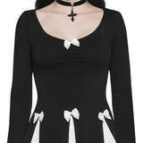 Black Long Sleeve Bow Splice Folds Mini Dress- Outfit