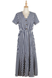 Elegant V-Neck Single Breasted Women's Dress High Waist Navy Blue Short Sleeve Striped