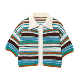 Women's 2025 New Crochet POLO Shirt Collar Striped Crochet Shorts