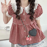 Aesthetic Lace Collar Checkered Puff Sleeve BlouseOutfit