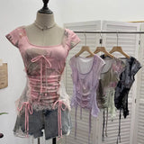 Industrial Lace Splicing Elastic Print With Bow Short-Sleeved T-Shirt