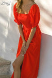 Dress Women Puff Short Sleeve Solid Pink Slash Neck Split Sexy Long Dress Casual Elegant Beach Vestidos