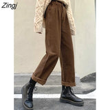 Brown Corduroy Cargo Pants Women Korean Harajuku Loose Trousers Female 90s Street Casual High Waist Winter Warm
