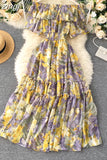 Floral Chiffon Midi Dress Women Sexy Slash Neck Ruffle Short Sleeve A-line Printed Vacation Beach Vestidos Robe