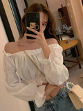 Women Top Sexy Blouse Off Shoulder Top Long Sleeve Solid Color White Shirt Puff Sleeve Ruffle Tunic Crop Top Summer Tube