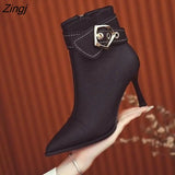 Autumn and Winter Belt Buckle Stiletto Boots Short Boots European and American Fashion High-heeled Pointed Toe Riding