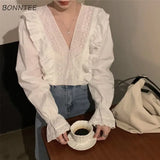 Blouses Shirts Spring Female Tops V-neck Ruffles Solid Elegant French Fashion Cozy High Quality Chic Ins Daily Date