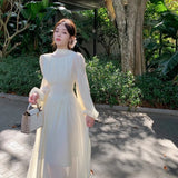 French Chiffon Midi Dresses for Women Elegant Long Sleeve Slim Ruffle Dress Gentle Fairy Clothes Sweet Puffy Short