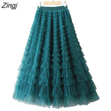 Tulle Long Skirts Womens Spring Summer Korean Style Solid High Waist A-Line Tutu Skirt Female Mesh Pleated Maxi