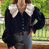 French Style Black Velvet Shirt Double Lace Collar V-neck Lantern Sleeve Chic Autumn Blouse Womens Velour Tops