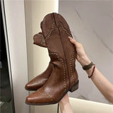 2025 New Retro Rivet Western Cowboy Boots Female Riders British Wind Side Thick And High