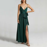 2022 Summer Women Satin Long Dress Spaghetti Strap Sexy Backless Slit Party Maxi Silk Slip