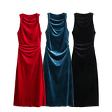 New Velvet Sleeveless Pleated Midi Dress