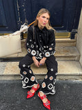 Contrast Color Printed Pant Sets Women Casual V-neck Short-sleeved Button Tops Wide Leg Pant Suit Chic Lady Street