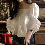 Women Solid Fashion French Style Tender Square Collar Simple Folds Design All-match Graceful Female Leisure Baggy