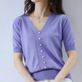 Silk Knitted Sweater Short-Sleeved Women's Summer New V-Neck Pearl Button T-Shirt Loose And Thin Short Five-Point Sleeve