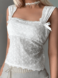 Embroidered Bow Lace Stitching Tank Top- Outfit