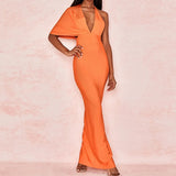 Draped Backless Women Side Split Evening Club Party Dress 2022 New Sexy V Neck Orange Black Long Bandage Dress