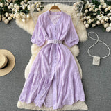 Zingj Hollowed-Out Dress Women's Bubble Sleeves New Loose Embroidery Light Ripe Wind Waist Showing A Long Skirt With Thin Lotus