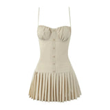 Pleated Buttoned Cami Mini Dress- Outfit