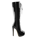 Onlymaker Women's Round Toe Stiletto Platform Zipper Knee High Boots16CM High Heel Pattern Lace Up Plus Size Boots For